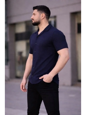 Erkek Waffle Kumaş Kısa Kollu Düğmeli Açık Yaka Regular Fit Gömlek - Lacivert