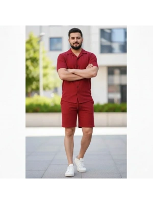 Erkek Waffle Kumaş Kısa Kollu Gömlek Şort Takım Regular Fit Yazlık İkili Set - Bordo
