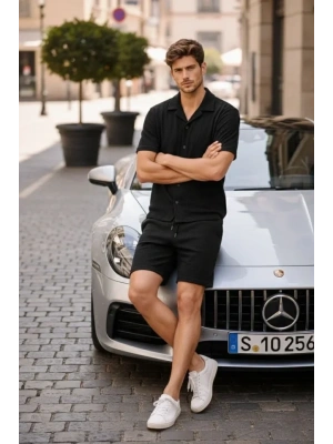 Erkek Waffle Kumaş Kısa Kollu Gömlek Şort Takım Regular Fit Yazlık İkili Set - Siyah