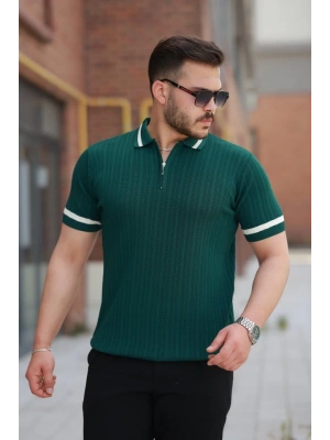 Erkek Yaka Ve Kolları çizgi Detaylı Fermuarlı Kısa Kollu T-shirt