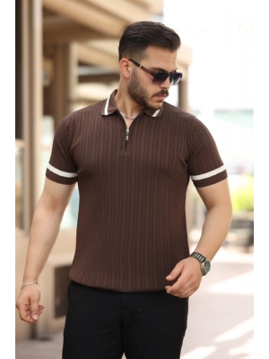 Erkek Yaka Ve Kolları çizgi Detaylı Fermuarlı Kısa Kollu T-shirt