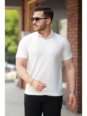 Erkek Yakalı çizgi Desenli Kısa Kollu Tişört