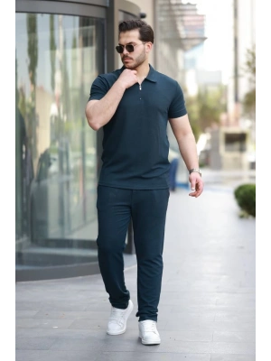 Erkek Yakalı Fermuarlı T-shirt Pantolon Ikili Rahat Takım