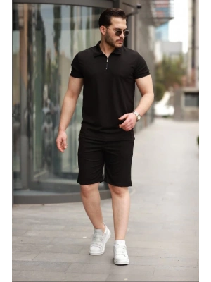 Erkek Yakalı Fermuarlı T-shirt şort Ikili Takım