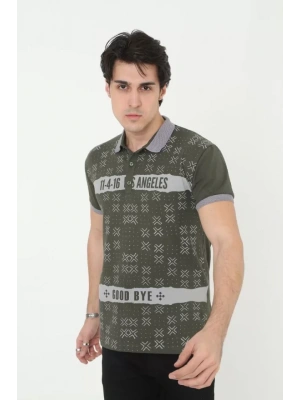 Erkek Yakalı Slim Fit Baskılı T-Shirt - Haki