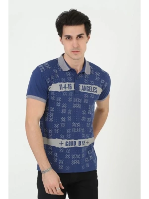 Erkek Yakalı Slim Fit Baskılı T-Shirt - Mavi