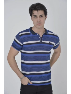 Erkek Yakalı Slim Fit Dokuma Çizgili T-Shirt - Mavi