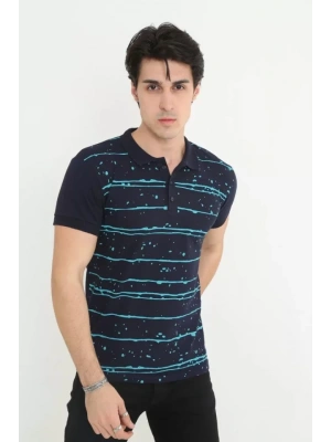 Erkek Yakalı Slim Fit Pike Çizgili T-Shirt - Lacivert