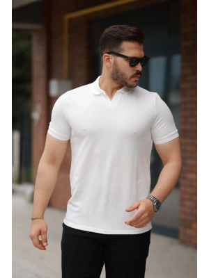 Erkek Yakalı Waffle Dokulu Kısa Kollu Tişört
