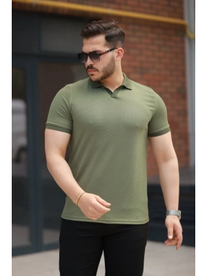 Erkek Yakalı Waffle Dokulu Kısa Kollu Tişört