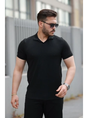 Erkek Yakalı Waffle Dokulu Kısa Kollu Tişört