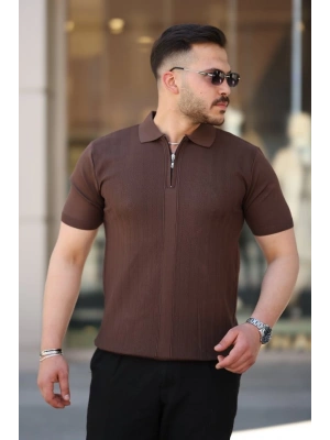 Erkek Yakası Fermuarlı Kısa Kollu T-shirt