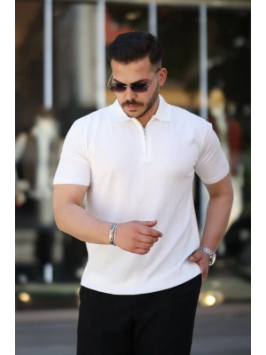 Erkek Yakası Fermuarlı Kısa Kollu T-shirt