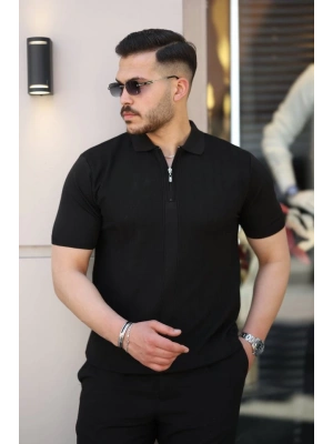 Erkek Yakası Fermuarlı Kısa Kollu T-shirt