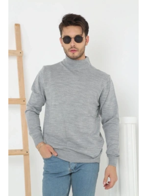 Erkek Yarım Boğaz Triko Kazak Yumuşak Dokulu Pamuklu Ince Dokuma, Uzun Kollu Rahat Regular Kalıp - Gri