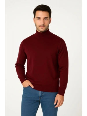 Erkek Yarım Boğaz Triko Kazak Yumuşak Dokulu Pamuklu Ince Dokuma, Uzun Kollu Rahat Regular Kalıp - Bordo