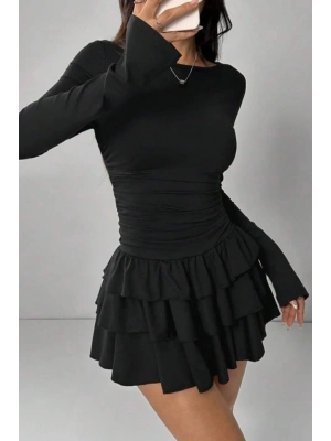 Eteği Kat Kat Volanlı Mini Elbise