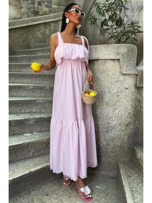 Etek Ucu Brode Nakışlı Boyundan Bağlamalı Elbise 2881