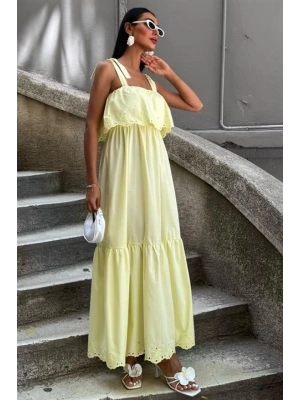 Etek Ucu Brode Nakışlı Boyundan Bağlamalı Elbise 2881