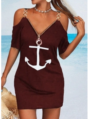 Fermuar Detay çıpa Baskılı Zincir Askılı Iki Iplik Elbise - Bordo