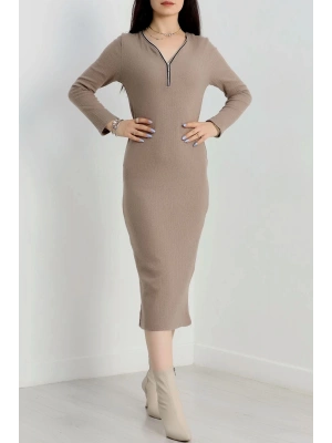 Fermuar detaylı fitilli şardonlu elbise bej a3178