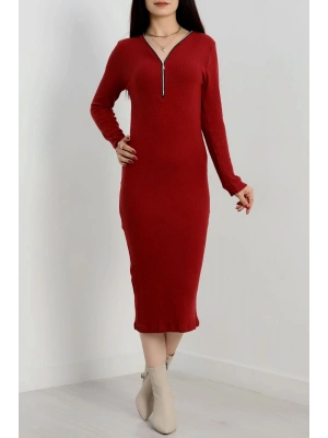 Fermuar detaylı fitilli şardonlu elbise bordo a3178