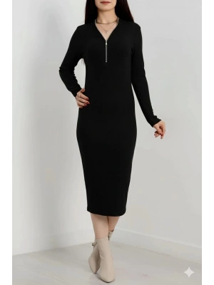 Fermuar detaylı fitilli şardonlu elbise siyah a3178