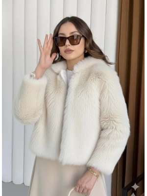 Fermuarlı kısa kürk siyah ekru t7746