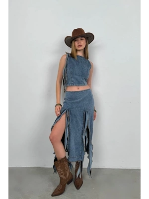 Fırfır Detay Denim Bluz