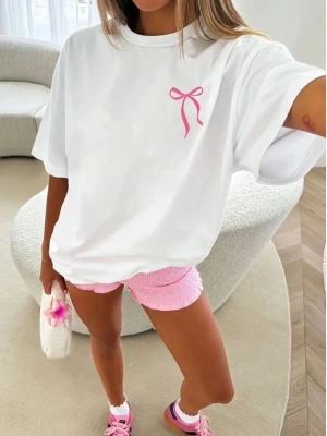 Fiyonk Baskılı Oversize Bisiklet Yaka T-shirt - Beyaz