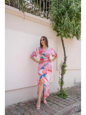 Fuşya Desenli Yırtmaçlı Elbise