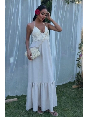 Göğsü Trikolu Keten Uzun Elbise 2904-08