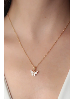 Gold Beyaz Renk Kelebek Figür Kadın Kolye