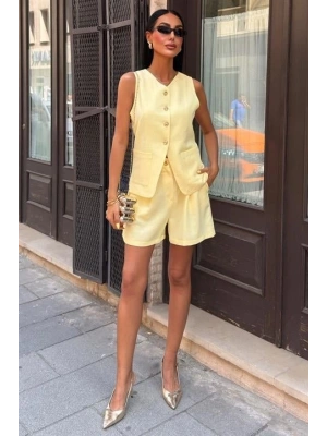 Gold Düğme Detaylı Yelek Şort Cotton Takım 10208