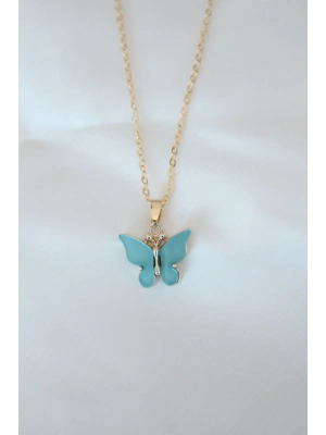 Gold Kaplama Turkuaz Renk Sedefli Kelebek Kolye