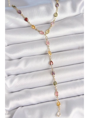 Gold Karışık Renk Zirkon Taşlı Y Pirinç Kolye