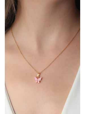 Gold Pembe Renk Kelebek Figür Kadın Kolye