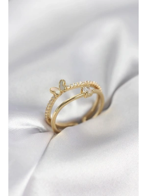 Gold Renk 2li Zirkon Taşlı Kelebek Model Kadın Yüzük