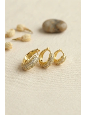 Gold Renk 3 lü Zirkon Taşlı Halka Küpe Set