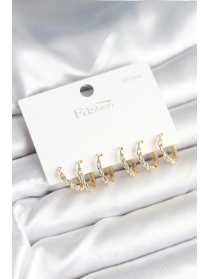 Gold Renk Burgu Halka Model 925 Ayar Gümüş Çivili Pirinç Küpe Seti