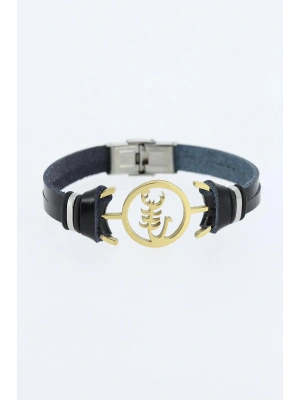 Gold Renk Çelik Akrep Figürlü Metal Aksesuarlı Siyah Renk Deri Erkek Bileklik