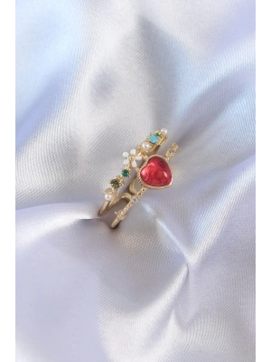 Gold Renk Kırmızı Zirkon Taş Kalp Model Pirinç Kadın Yüzük