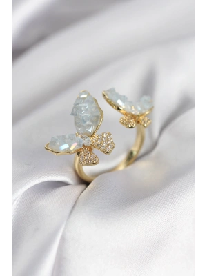 Gold Renk Mavi Kelebek Model Zirkon Taşlı Kadın Yüzük