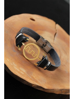 Gold Renk Metal Labirent Tasarım Siyah Renk Deri Erkek Bileklik