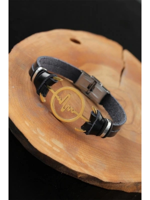 Gold Renk Metal Nabız Tasarım Siyah Renk Deri Erkek Bileklik