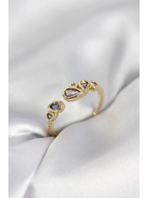 Gold Renk Mor Damla Zirkon Taşlı Kadın Yüzük