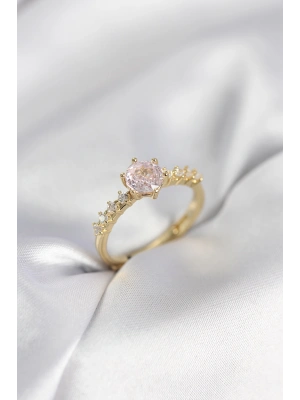 Gold Renk Pembe Tek Taş Model Zirkon Taşlı Kadın Yüzük