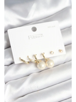 Gold Renk Pirinç 925 Ayar Gümüş Çivili Kadın Küpe Seti