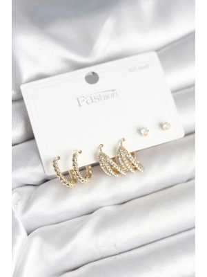 Gold Renk Pirinç 925 Ayar Gümüş Çivili Kadın Küpe Seti