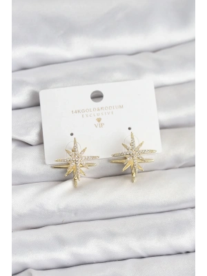 Gold Renk Pirinç Çift Taraflı Kutup Yıldızı Kadın Küpe